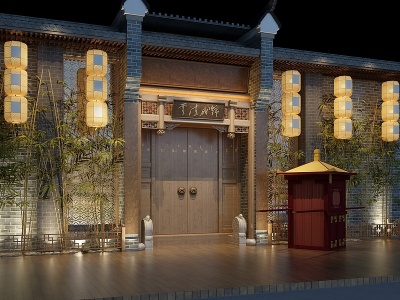 新中式仿古餐厅门头模型