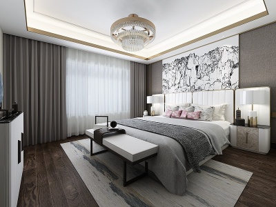 新中式卧室吊灯床台灯模型3d模型