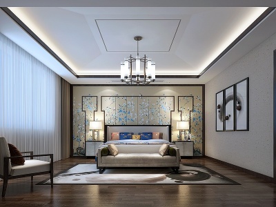 3d新中式卧室床头柜台灯模型