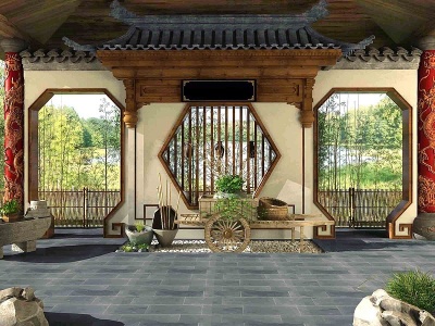 新中式古建筑屋檐农家乐模型3d模型