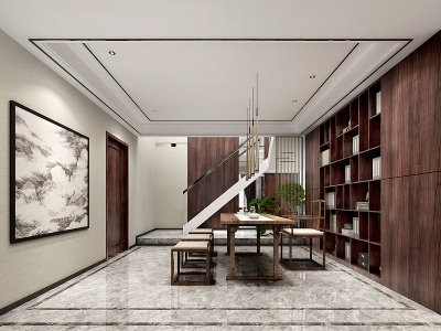 3d新中式别墅书房茶室模型