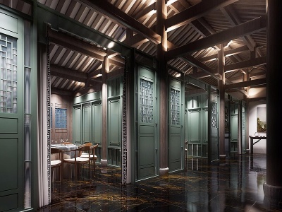 3d新中式餐厅包间走廊模型