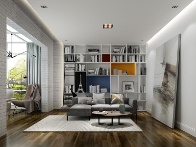 现代书房书柜吊灯休闲沙发模型3d模型
