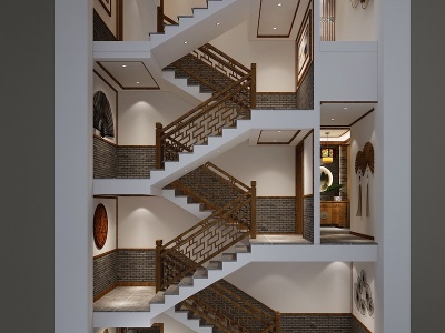 3d新中式楼梯间中式吊灯模型