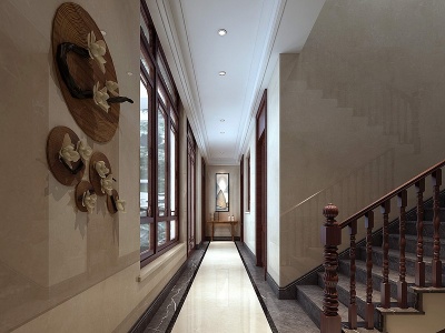 3d中式过道装饰楼梯间端景柜模型