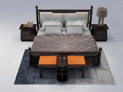 3d新中式别墅户型双人床模型