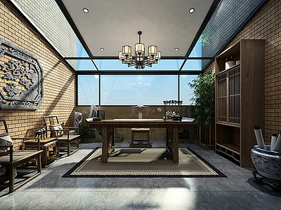 3d新中式阳光房书房模型