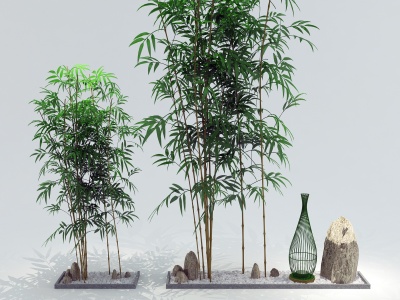 3d新中式禅意石头竹子模型