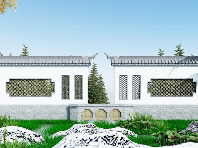 3d新中式景墙围墙模型