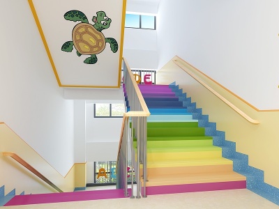 3d现代幼儿园彩虹卡通楼梯间模型