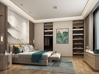 新中式卧室床床头柜子模型3d模型