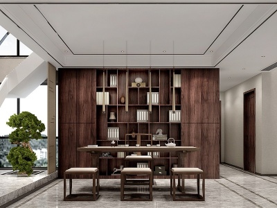 新中式客厅沙发书房模型3d模型