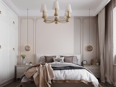 3d美式卧室床吊灯地毯床头柜模型