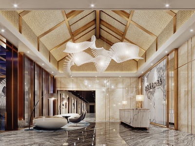 3d新中式酒店大堂大厅模型