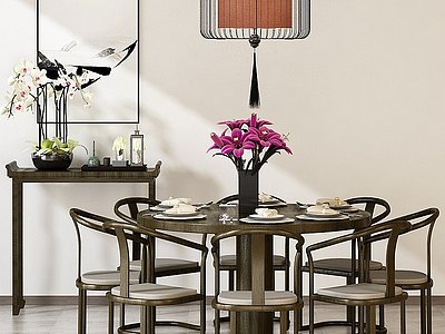 中式餐桌椅边柜墙饰模型3d模型
