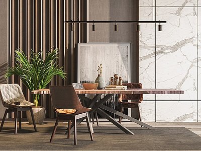 3d现代实木餐桌椅金属吊灯模型