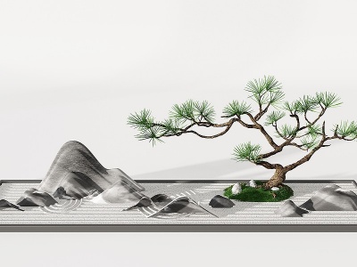 日式假山松树枯山水模型3d模型