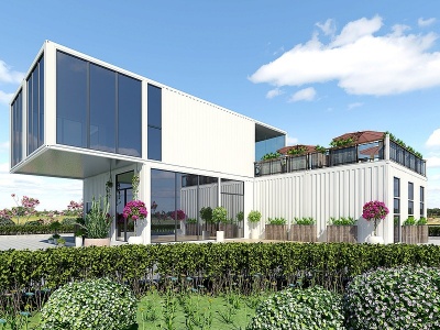 3d现代集装箱建筑景观植物墙模型