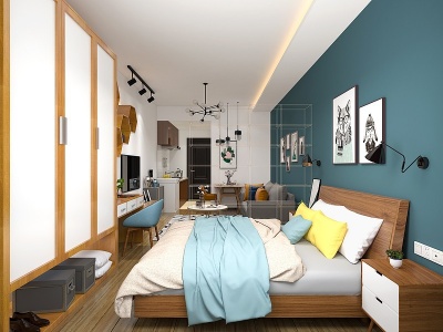 3d现代北欧小公寓卧室电视床模型