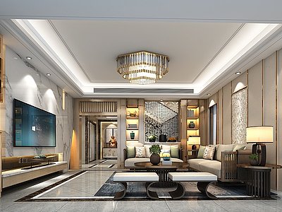 3d新中式客厅柜子吸顶灯模型