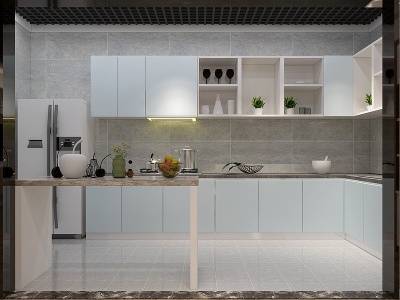 3d现代厨房橱柜冰箱厨具模型