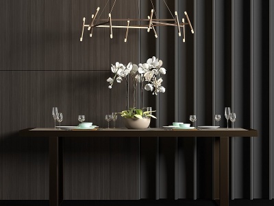 3d现代金属大理石餐桌餐具模型