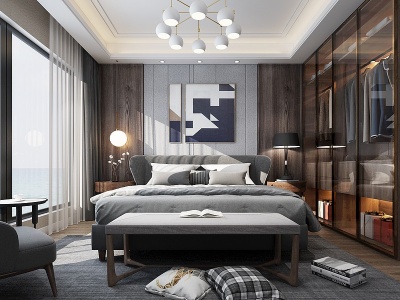 3d现代卧室双人床床尾凳模型