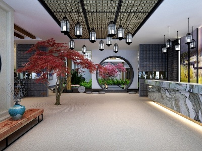 3d中式客栈园林小品酒店大厅模型