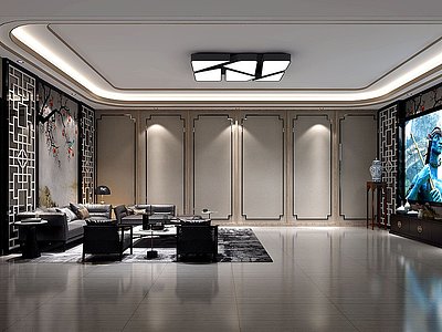 3d新中式客厅沙发电视柜模型