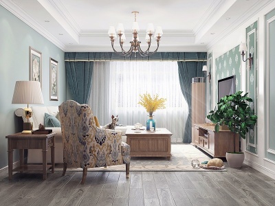 3d美式简美客厅美式沙发组合模型