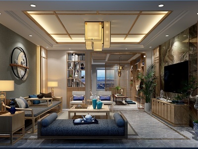 3d新中式客厅实木沙发椅子模型