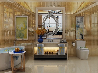 3d现代洗手台卫浴镜浴缸模型