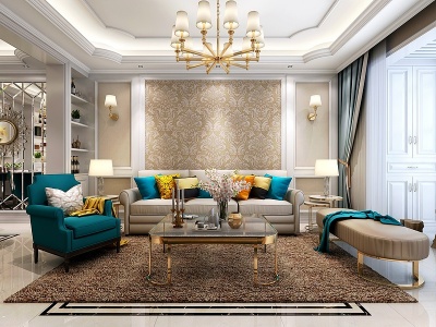 3d古典欧式客厅空间沙发茶几模型
