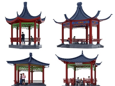 中式彩绘古建凉亭人物模型3d模型