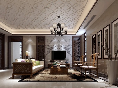中式客厅沙发地毯装饰模型3d模型