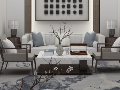 3d新中式客厅沙发单椅模型