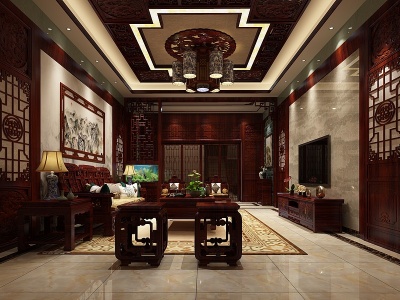 3d中式别墅客厅红木家具组合模型