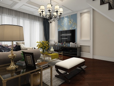 3d美式古典美式客厅模型