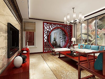 3d中式客餐厅走廊休闲式茶室模型