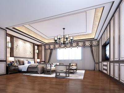 新中式主卧室吊灯窗帘模型3d模型