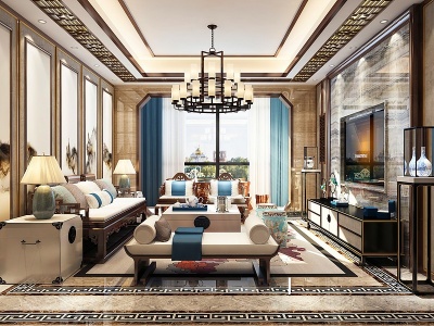 新中式客厅吊灯沙发组合模型3d模型