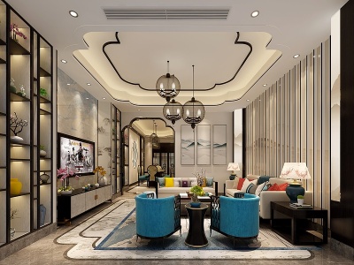 3d新中式奢华客厅模型