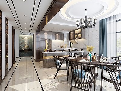 3d新中式时尚高端别墅客餐厅模型