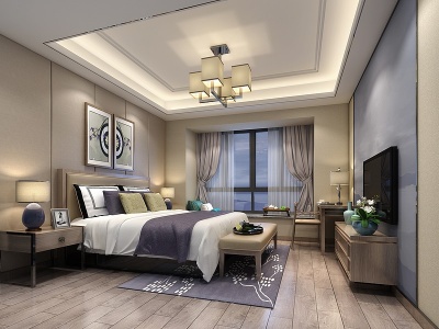 3d新中式主人房卧室模型
