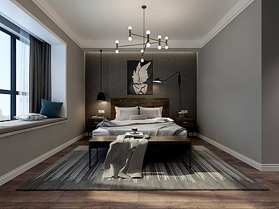 3d现代北欧卧室吊灯挂画模型