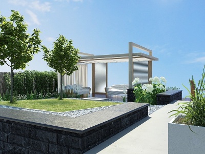 3d现代中庭庭院花园亭子草坪模型