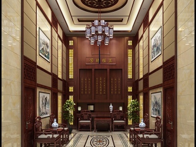 3d中式别墅入户门厅模型