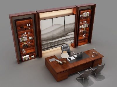 3d现代办公桌班台书柜组合模型