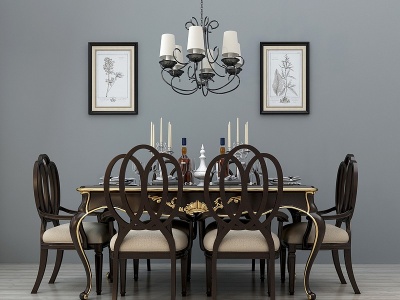 美式餐桌椅吊灯装饰画组合模型3d模型
