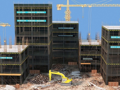 3d现代工地建筑塔吊挖掘机模型